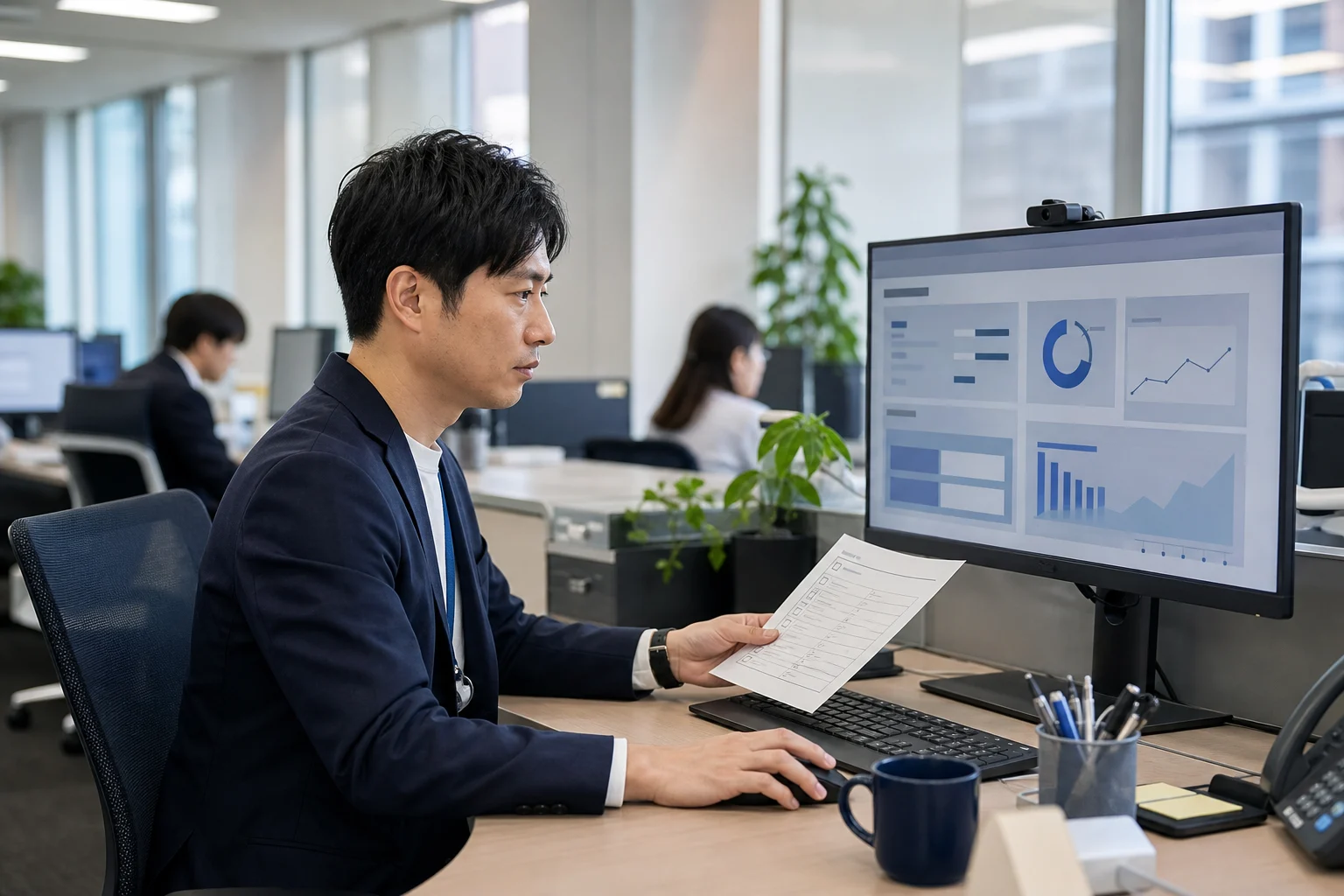 会社のオフィスでホームページの更新状況とアクセス情報を確認する担当者